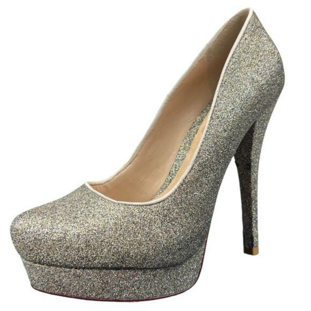 Schutz Gold Glitter Platform Ultra High Heels sz 6 Leather Pumps Cocktail Party